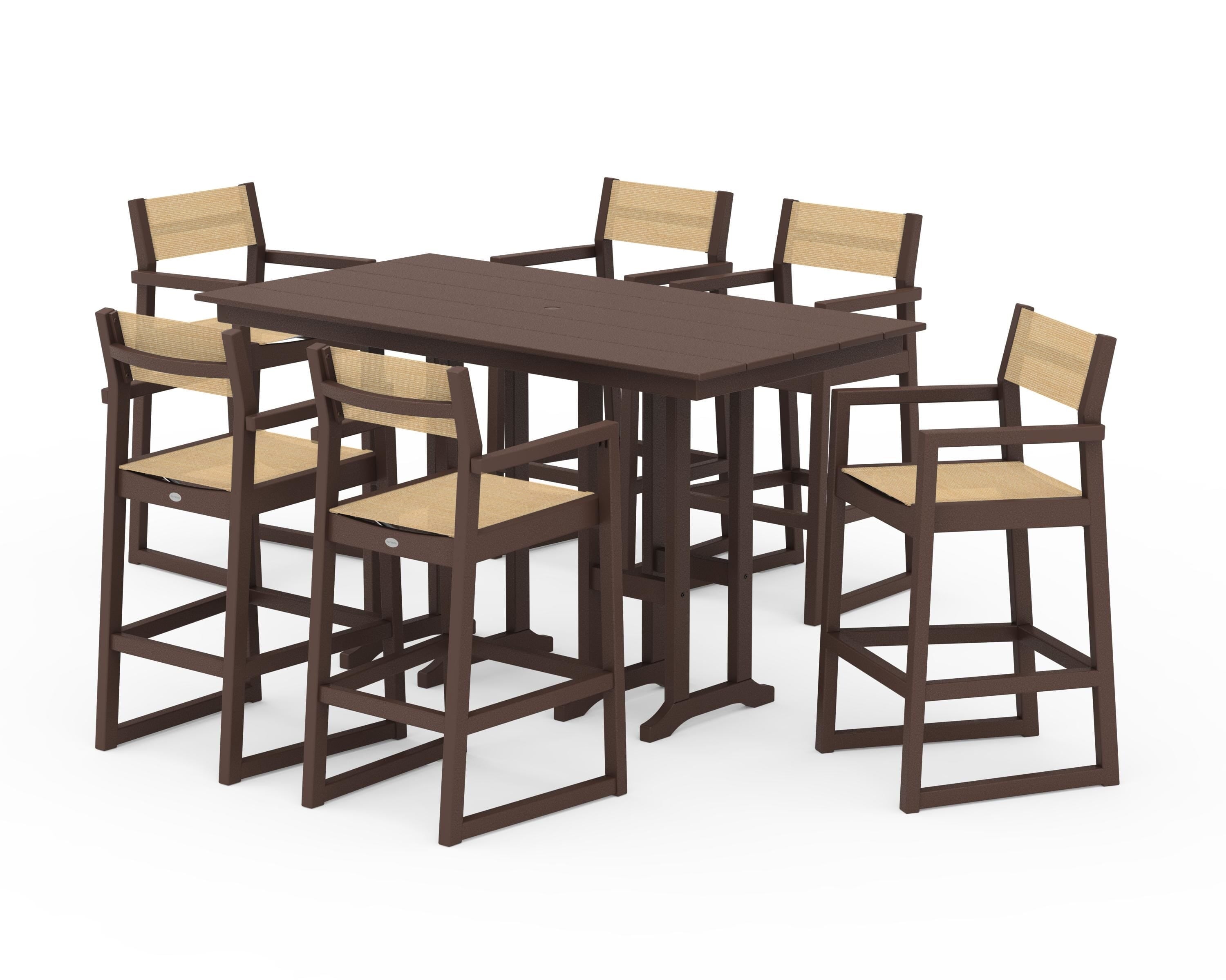 POLYWOOD® EDGE Sling Arm Chair 7-Piece Farmhouse Bar Set in Mahogany / Dupioni Apricot Sling