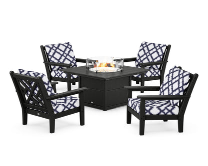 POLYWOOD® Chippendale 5-Piece Deep Seating Set with Fire Pit Table in Black / Trellis Navy