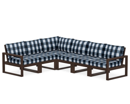 POLYWOOD® EDGE 6-Piece Modular Deep Seating Set in Mahogany / Buffalo Plaid Marine Indigo