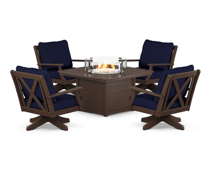 POLYWOOD® Braxton 5-Piece Deep Seating Swivel Conversation Set with Fire Pit Table in Mahogany / Navy