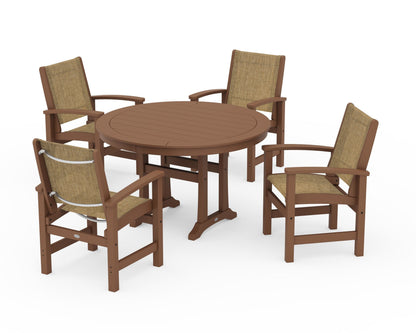 POLYWOOD® Coastal 5-Piece Round Dining Set with Trestle Legs in Teak / Burlap Sling