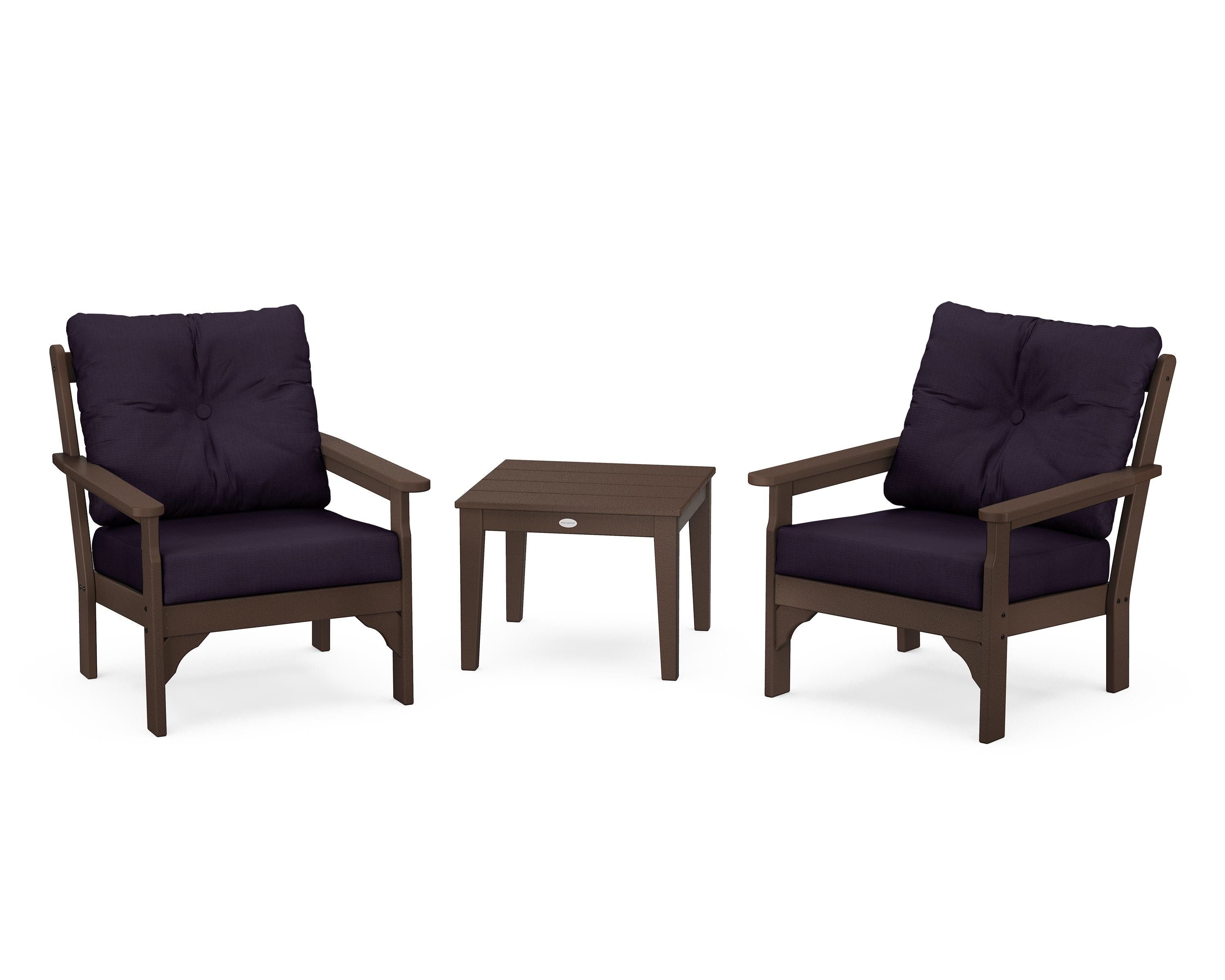 POLYWOOD® Vineyard 3-Piece Deep Seating Set in Mahogany / Navy Linen