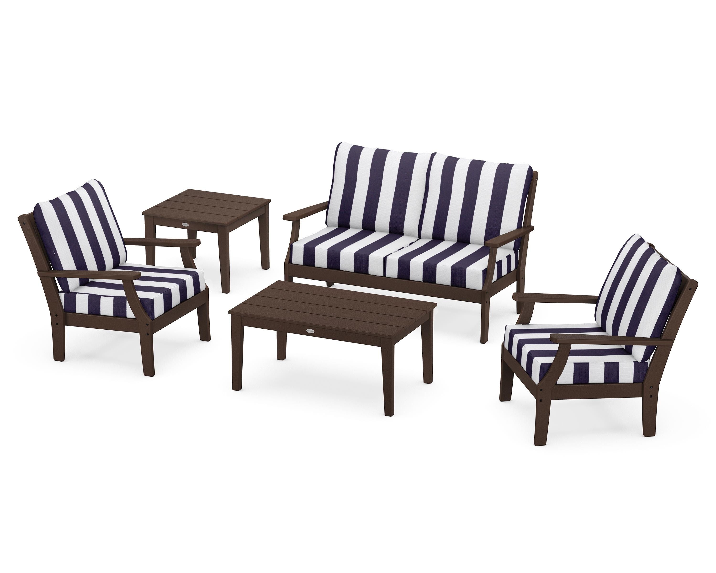 POLYWOOD® Braxton 5-Piece Deep Seating Set in Mahogany / Cabana Stripe Navy