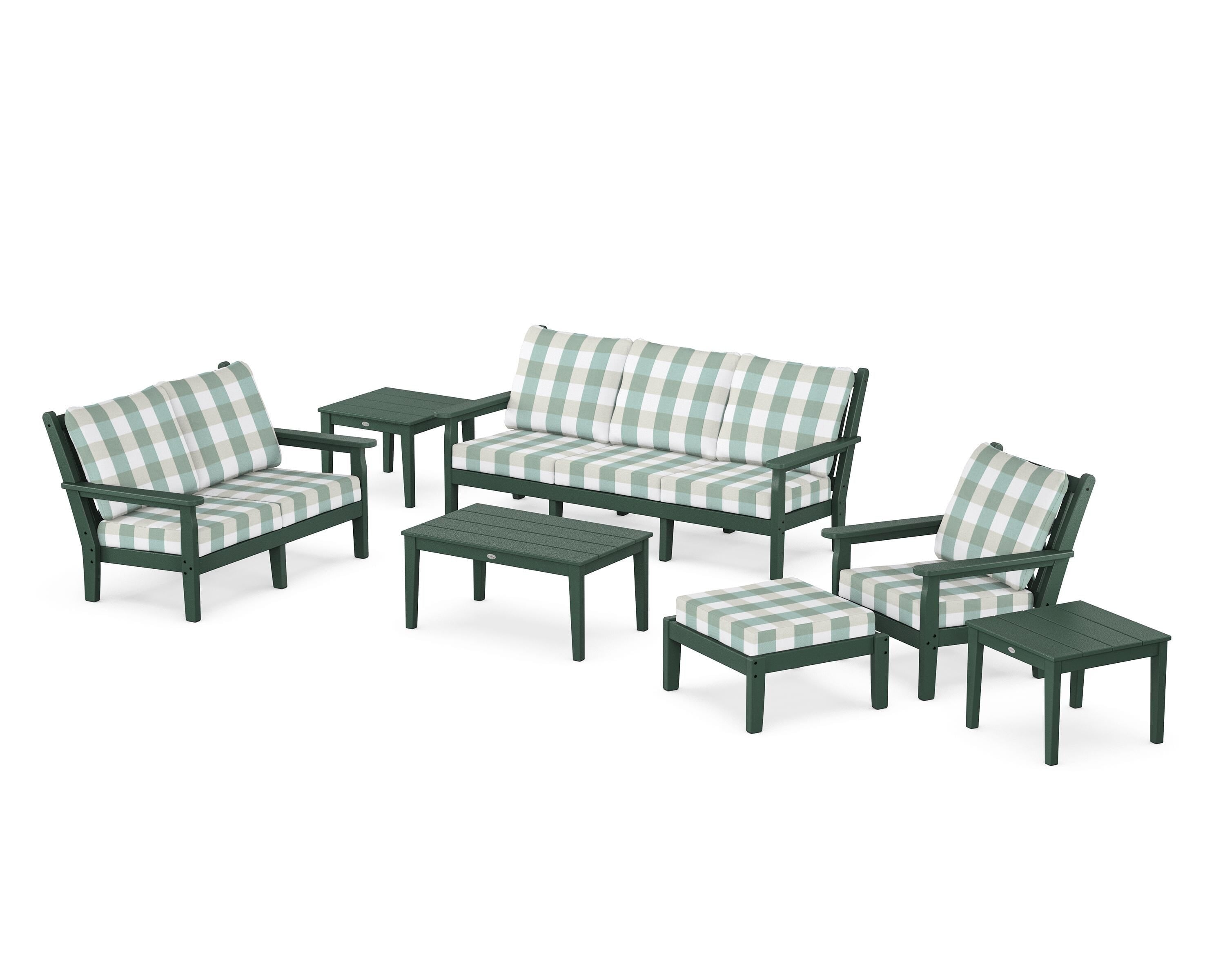 POLYWOOD® Chippendale 7-Piece Deep Seating Set in Green / Buffalo Plaid Glacier Spa