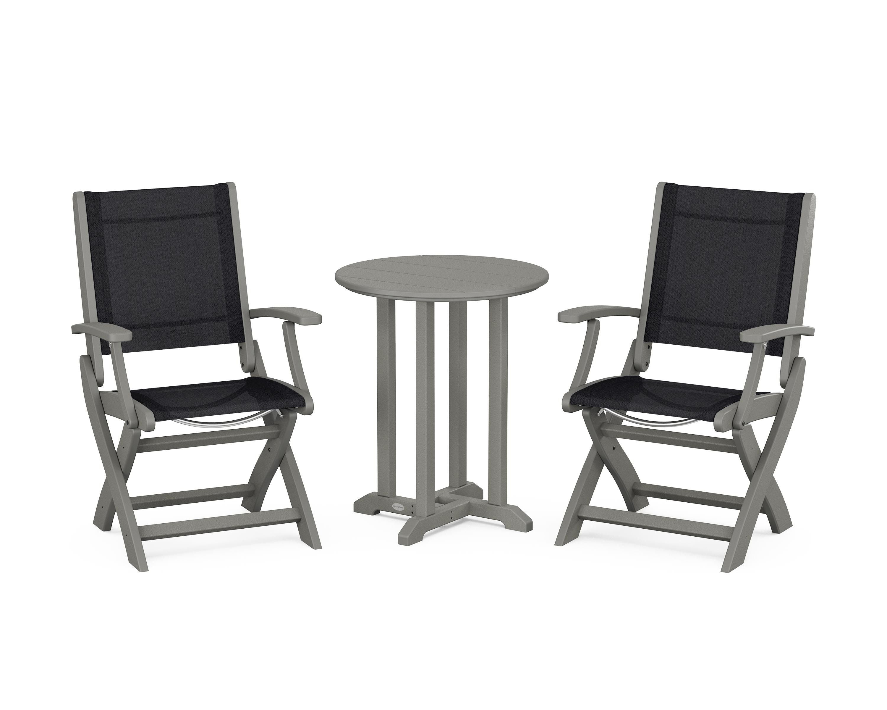 POLYWOOD® Coastal Folding 3-Piece Round Bistro Dining Set in Slate Grey / Black Sling