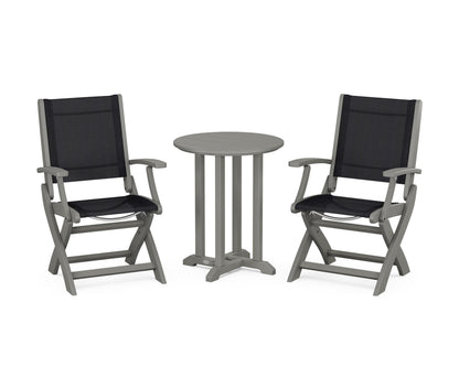 POLYWOOD® Coastal Folding 3-Piece Round Bistro Dining Set in Slate Grey / Black Sling