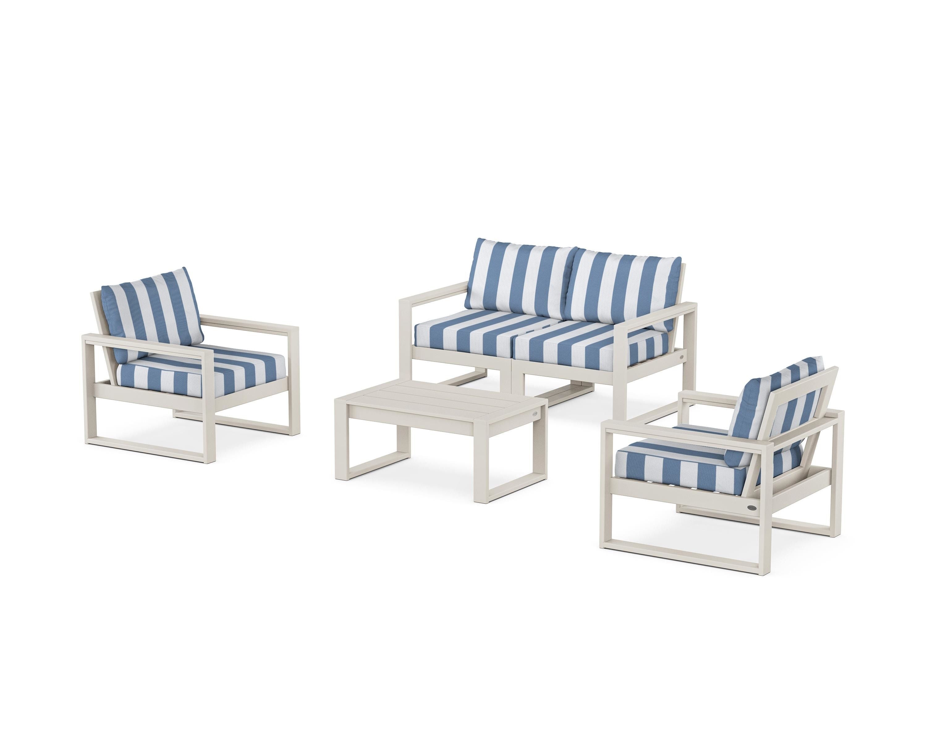 POLYWOOD® EDGE Sectional 4-Piece Deep Seating Set with Loveseat in Sand / Cabana Stripe Sky Blue