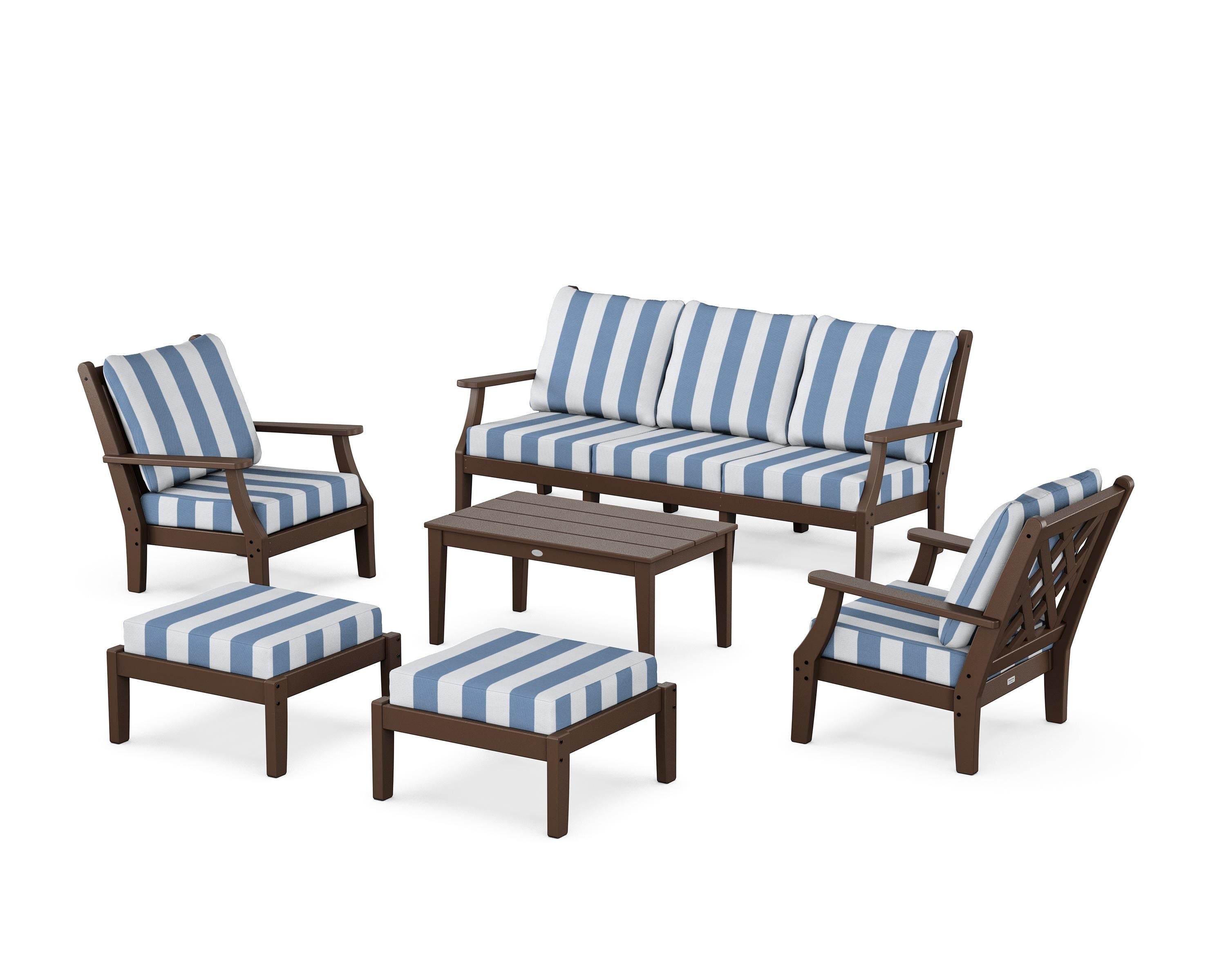 Country Living Wovendale 6-Piece Lounge Sofa Set in Mahogany / Cabana Stripe Sky Blue