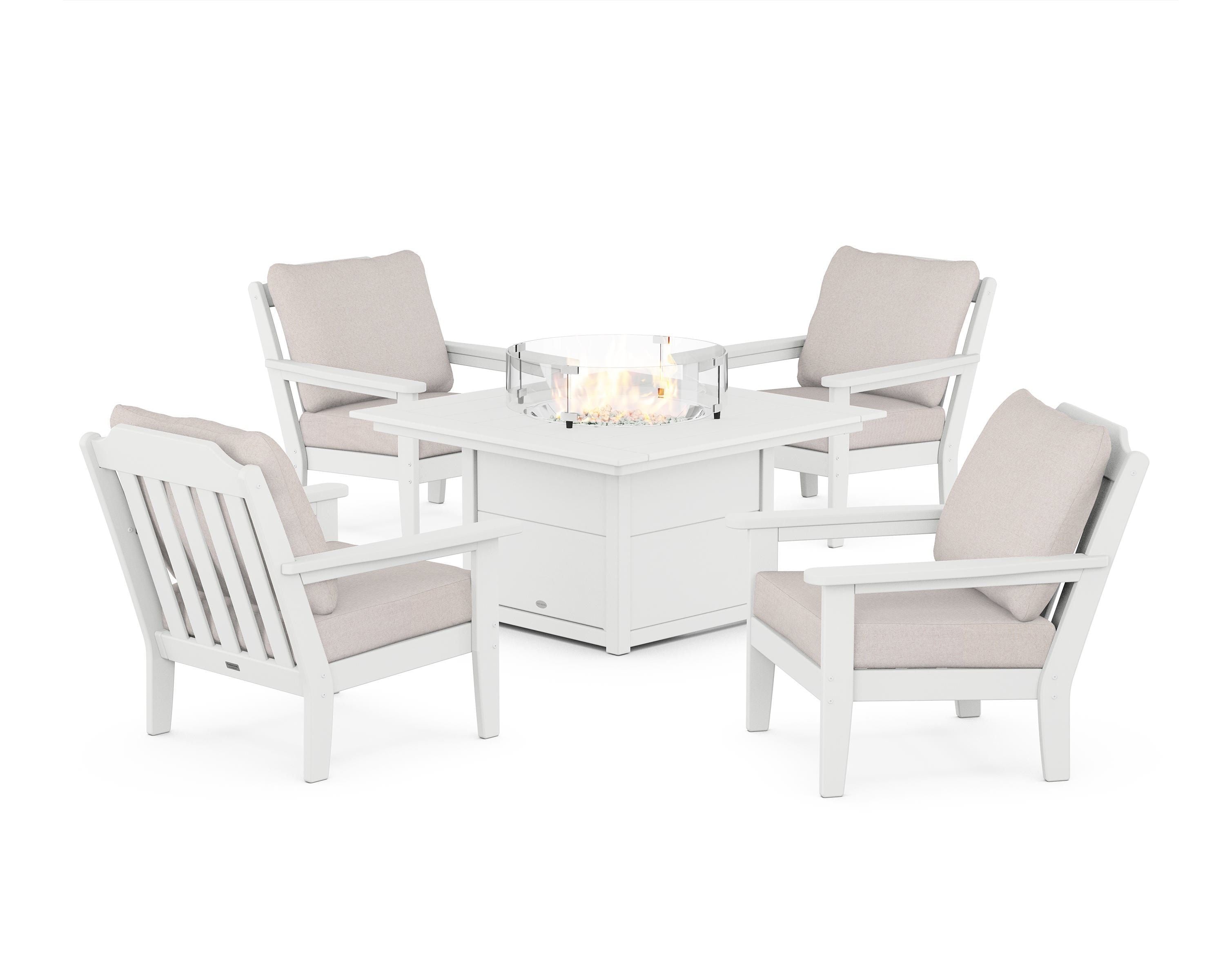 Country Living Cottage 5-Piece Deep Seating Set with Fire Pit Table in White / Dune Burlap