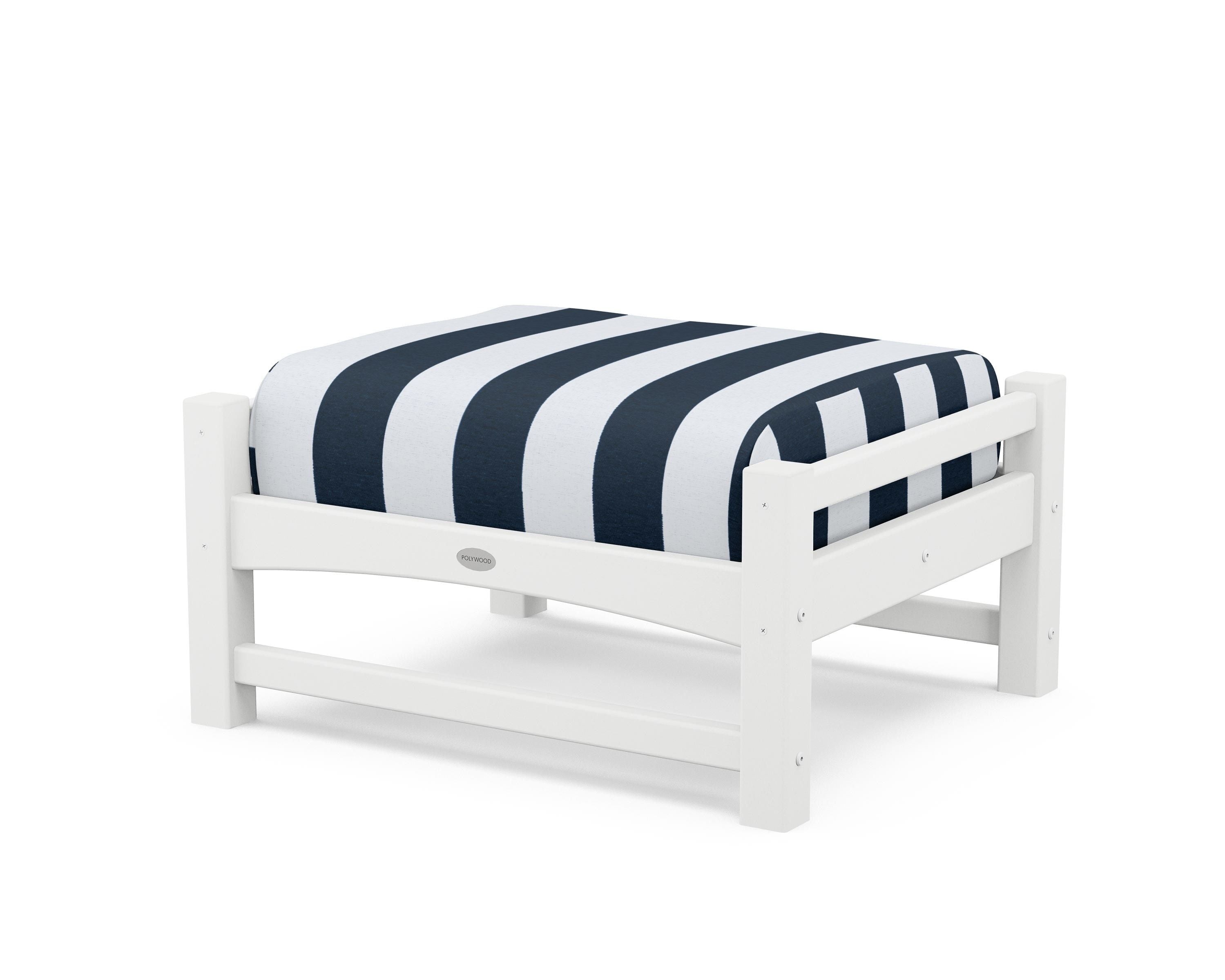 POLYWOOD® Club Ottoman in White / Cabana Stripe Marine Indigo