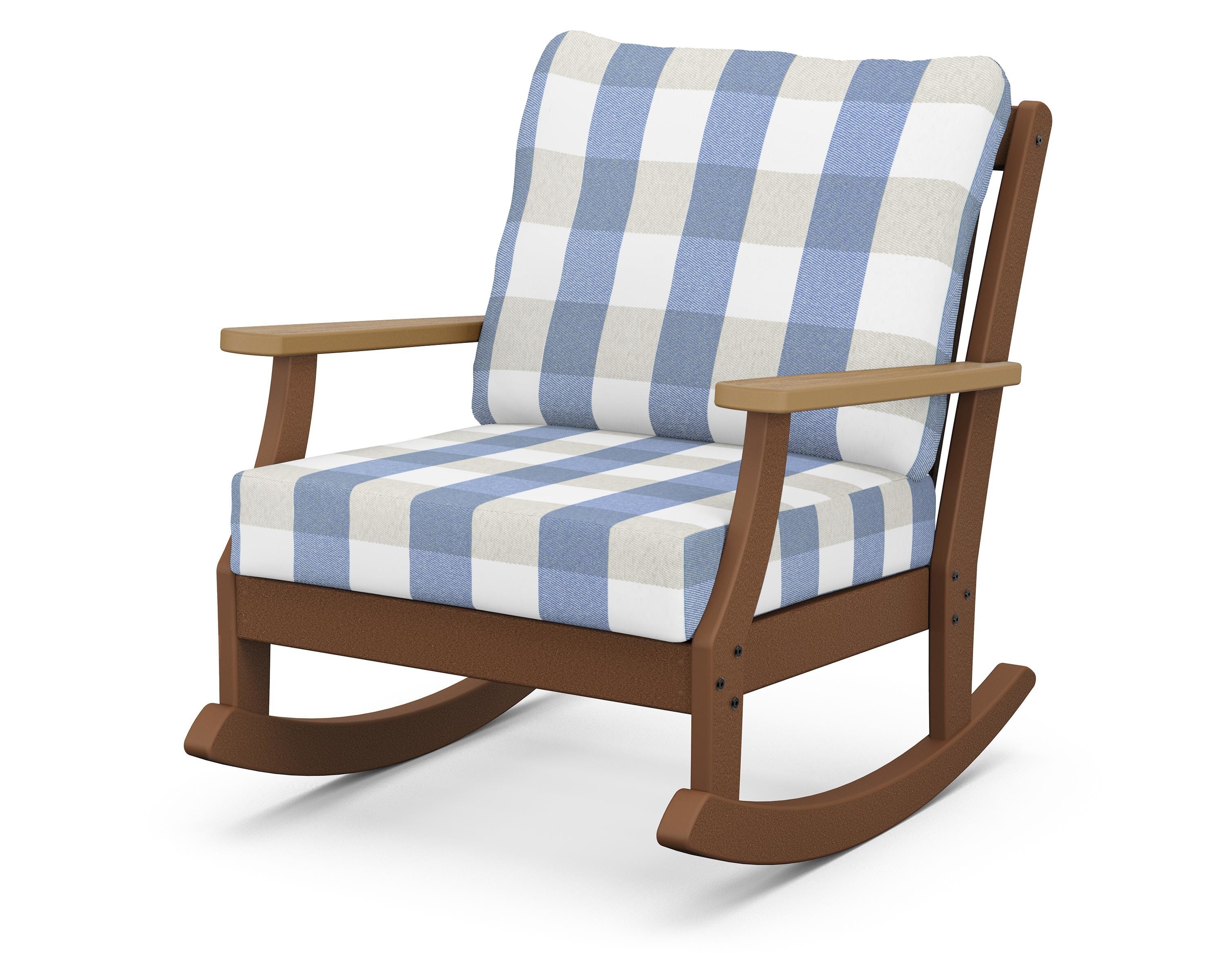 POLYWOOD® Braxton Deep Seating Rocking Chair in Teak / Natural / Buffalo Plaid Sky Blue