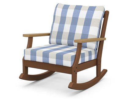 POLYWOOD® Braxton Deep Seating Rocking Chair in Teak / Natural / Buffalo Plaid Sky Blue