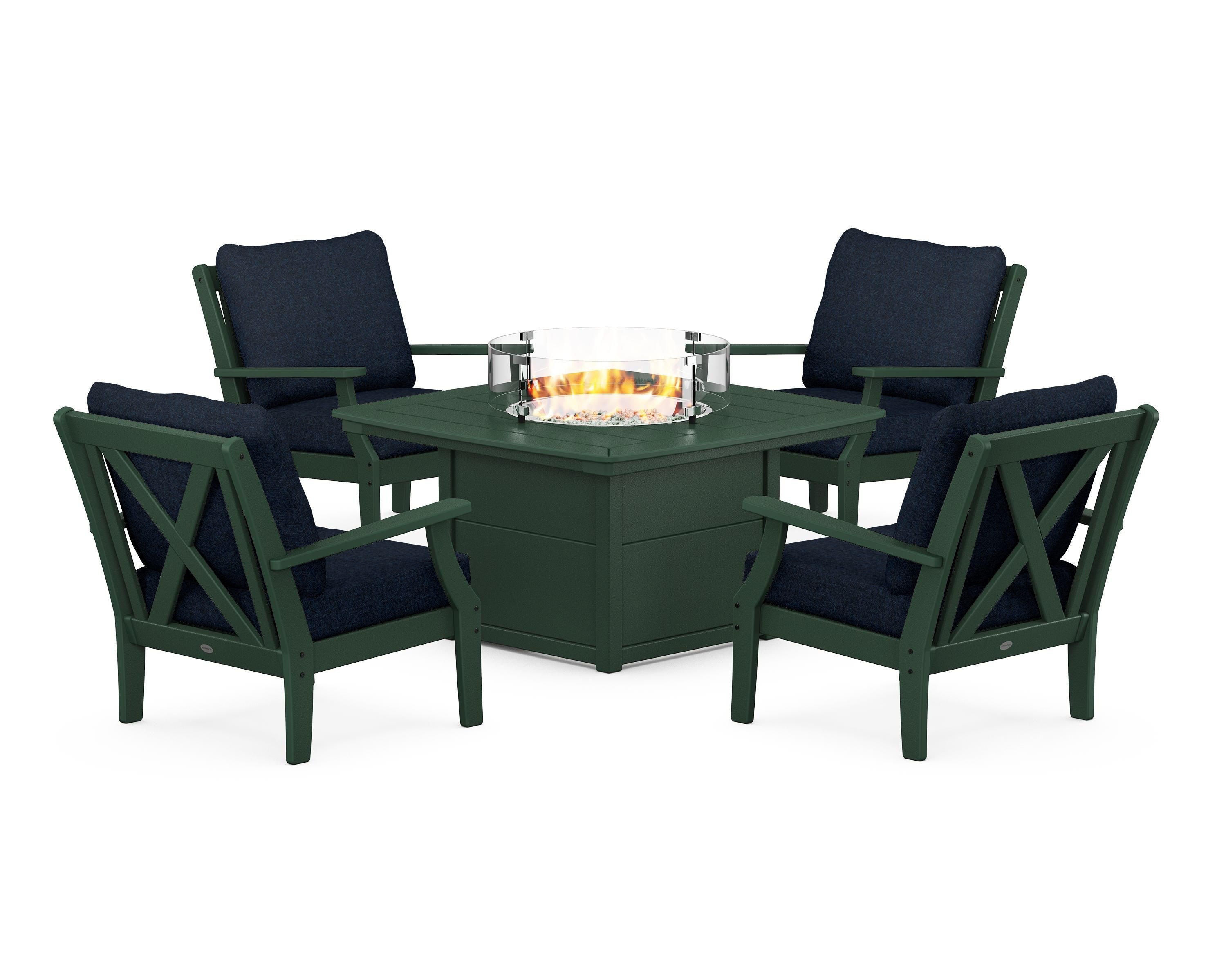 POLYWOOD® Braxton 5-Piece Deep Seating Conversation Set with Fire Pit Table in Green / Marine Indigo