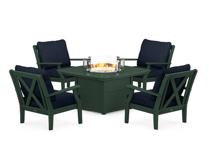 POLYWOOD® Braxton 5-Piece Deep Seating Conversation Set with Fire Pit Table in Green / Marine Indigo