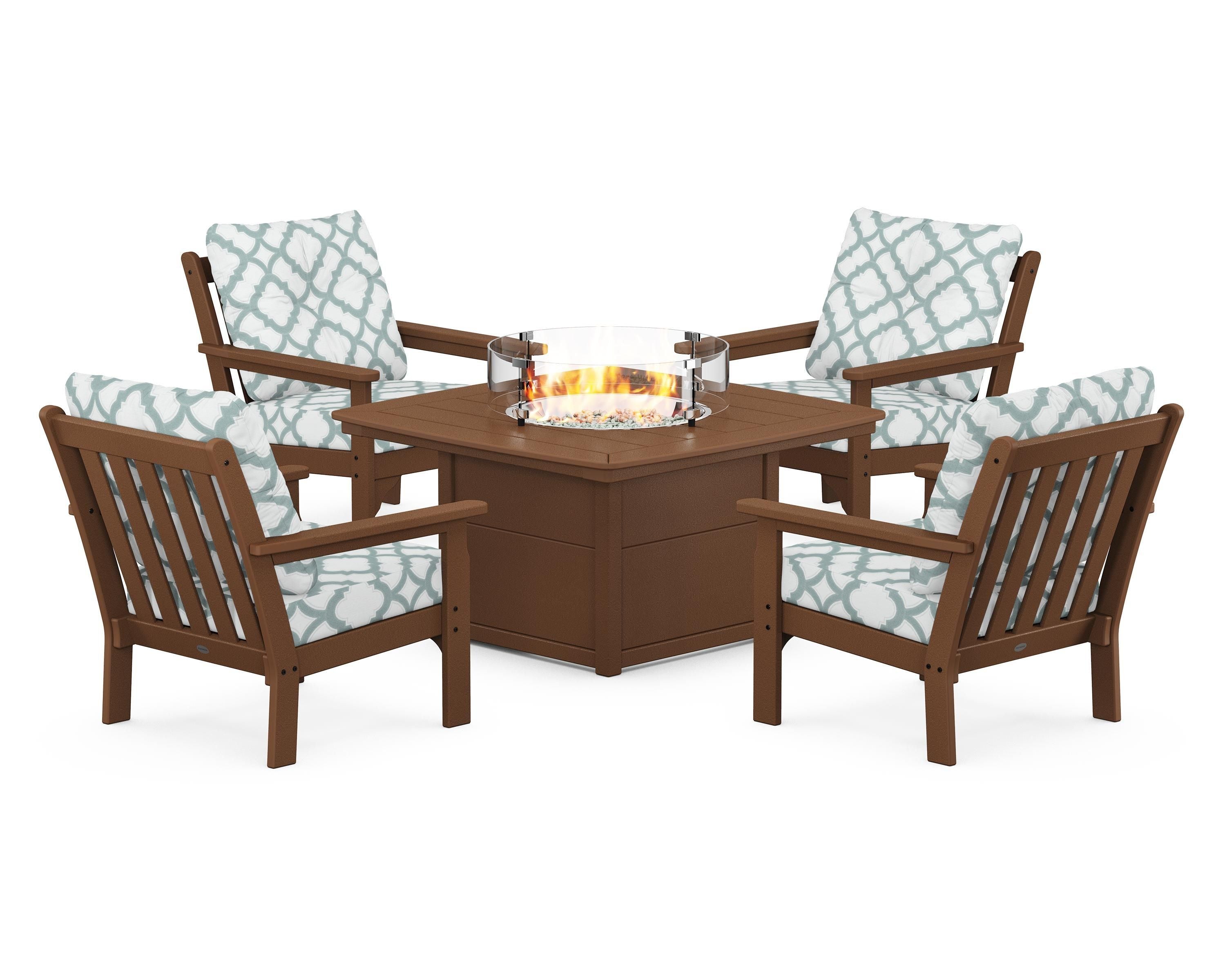 POLYWOOD® Vineyard 5-Piece Conversation Set with Fire Pit Table in Teak / Trellis Glacier Spa