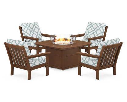 POLYWOOD® Vineyard 5-Piece Conversation Set with Fire Pit Table in Teak / Trellis Glacier Spa