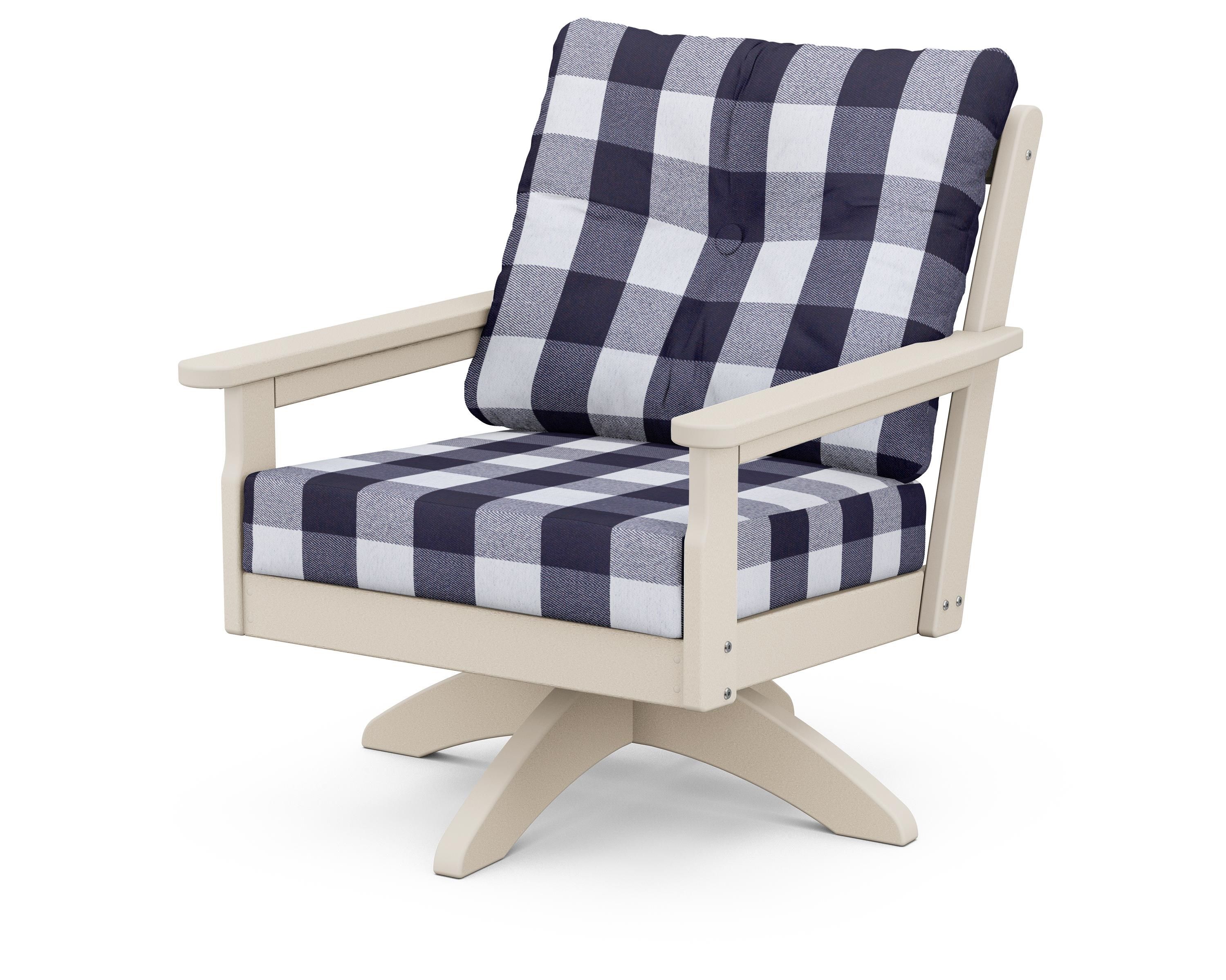 POLYWOOD® Vineyard Deep Seating Swivel Chair in Sand / Buffalo Plaid Navy