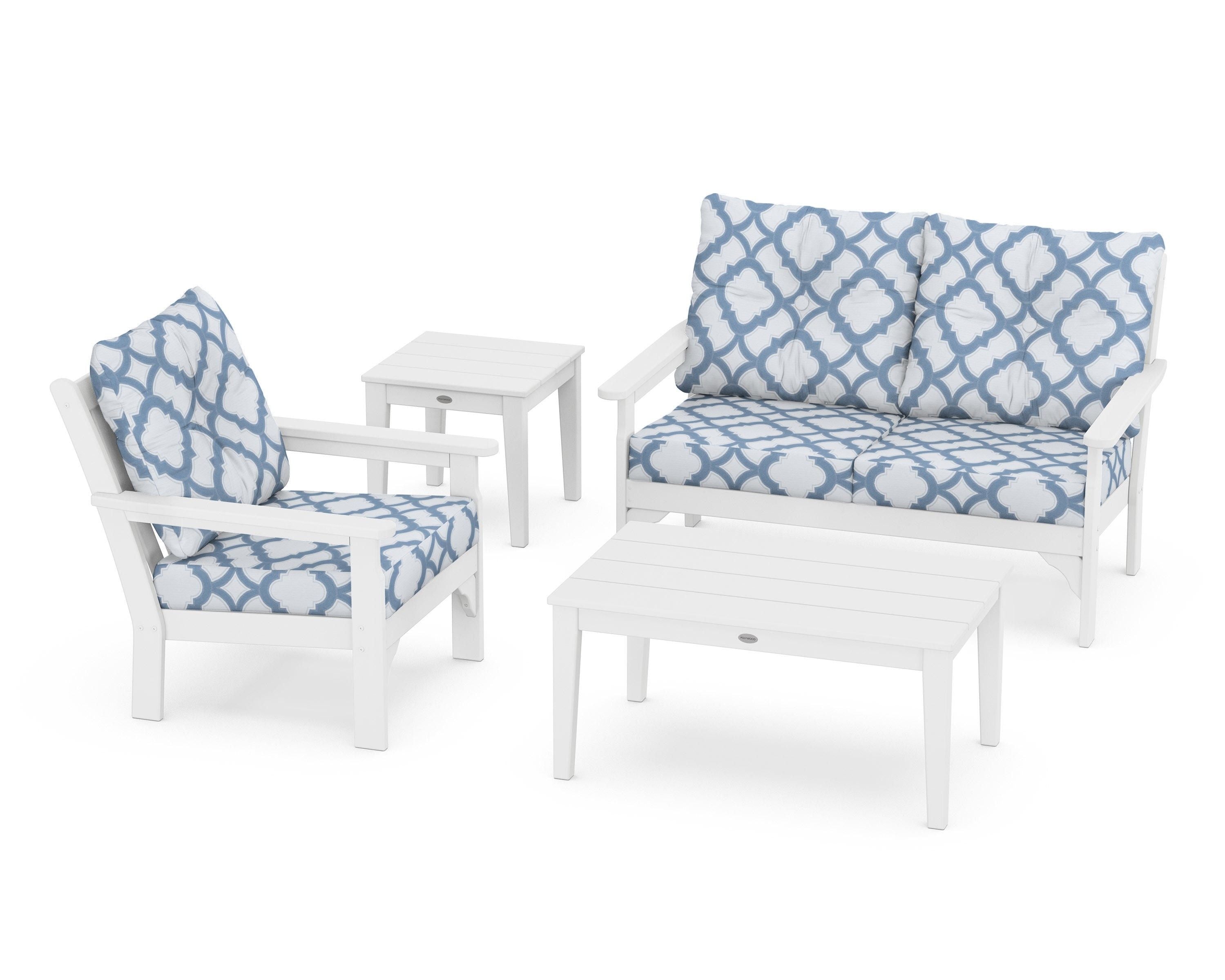 POLYWOOD® Vineyard 4-Piece Deep Seating Set in White / Trellis Sky Blue