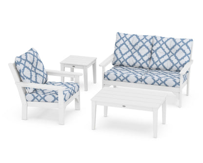 POLYWOOD® Vineyard 4-Piece Deep Seating Set in White / Trellis Sky Blue