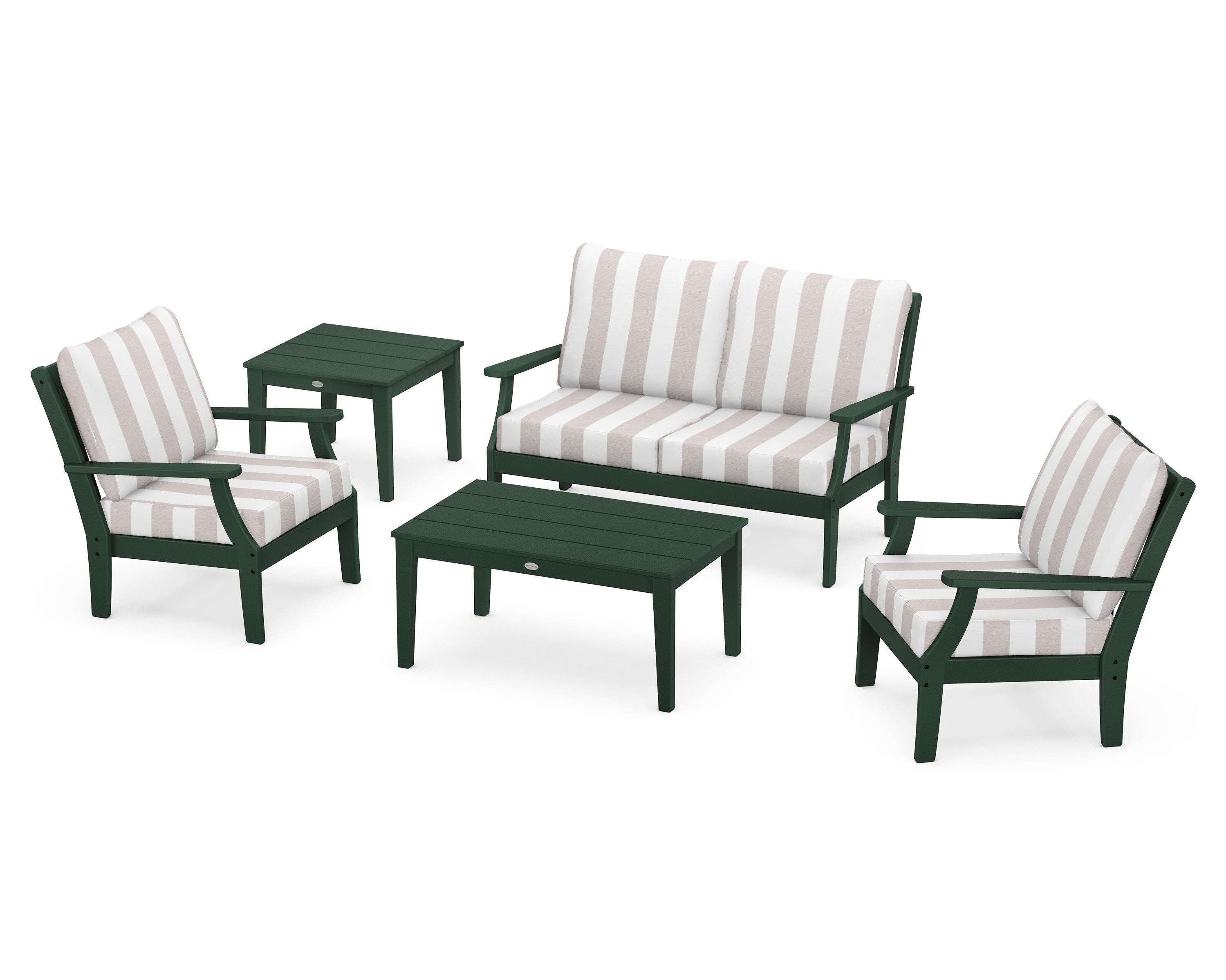 POLYWOOD® Braxton 5-Piece Deep Seating Set in Green / Cabana Stripe Dune Burlap