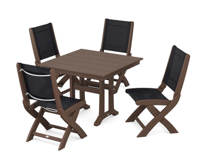 POLYWOOD® Coastal Folding Side Chair 5-Piece Farmhouse Dining Set With Trestle Legs in Mahogany / Black Sling