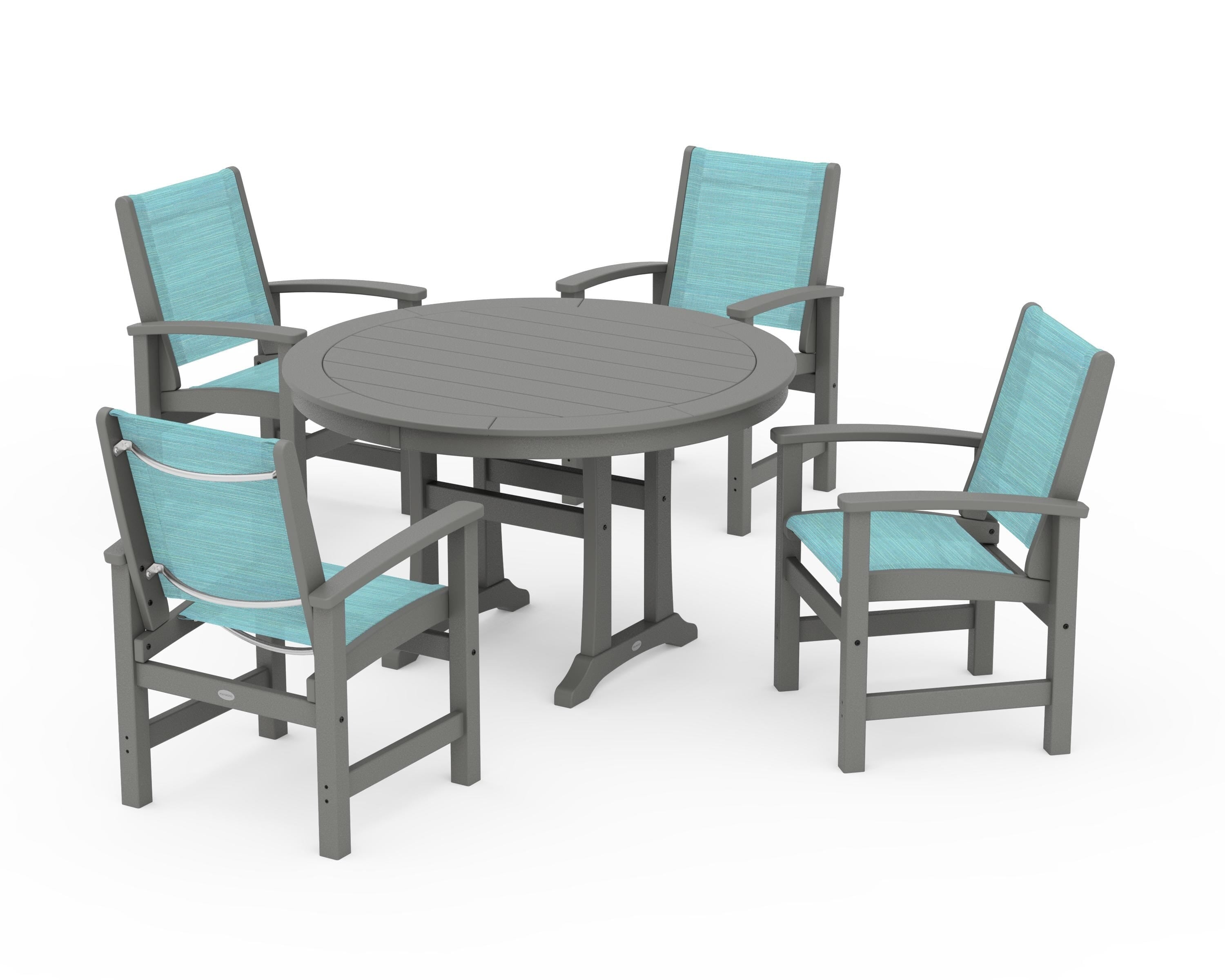 POLYWOOD® Coastal 5-Piece Round Dining Set with Trestle Legs in Slate Grey / Dupioni Aquamarine Sling