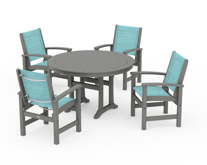 POLYWOOD® Coastal 5-Piece Round Dining Set with Trestle Legs in Slate Grey / Dupioni Aquamarine Sling