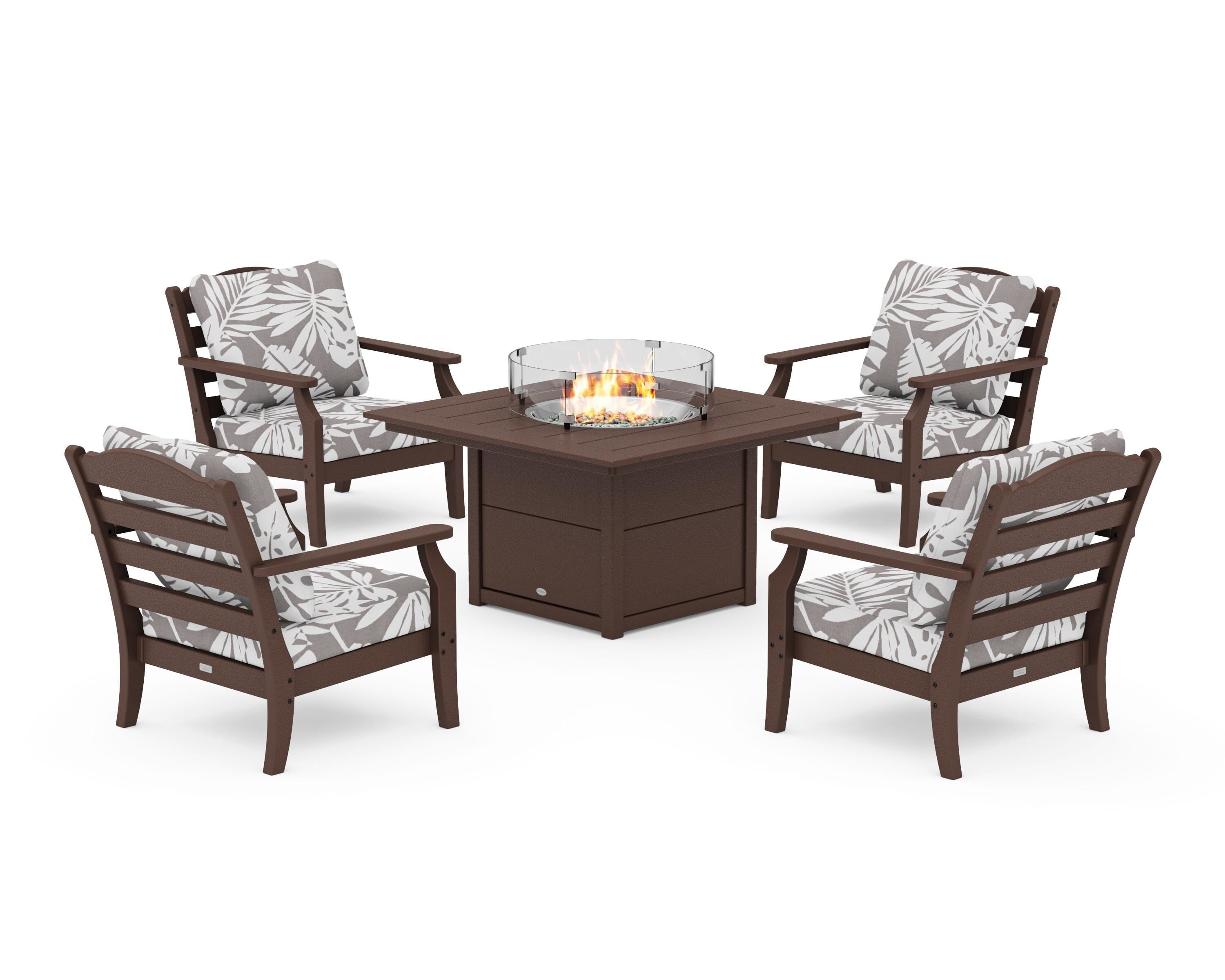 Draper James™ by  POLYWOOD® Savannah 5-Piece Deep Seating Set with Fire Pit Table in Mahogany / Leaf Grey Mist