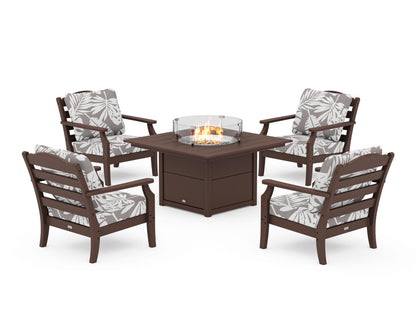 Draper James™ by  POLYWOOD® Savannah 5-Piece Deep Seating Set with Fire Pit Table in Mahogany / Leaf Grey Mist
