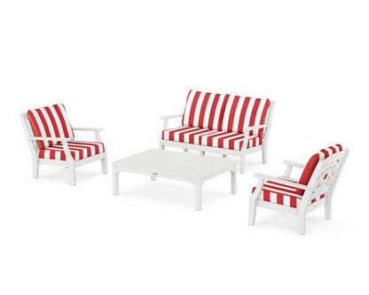 Martha Stewart by POLYWOOD® Chinoiserie 4-Piece Deep Seating Set with Loveseat in White / Cabana Stripe Crimson