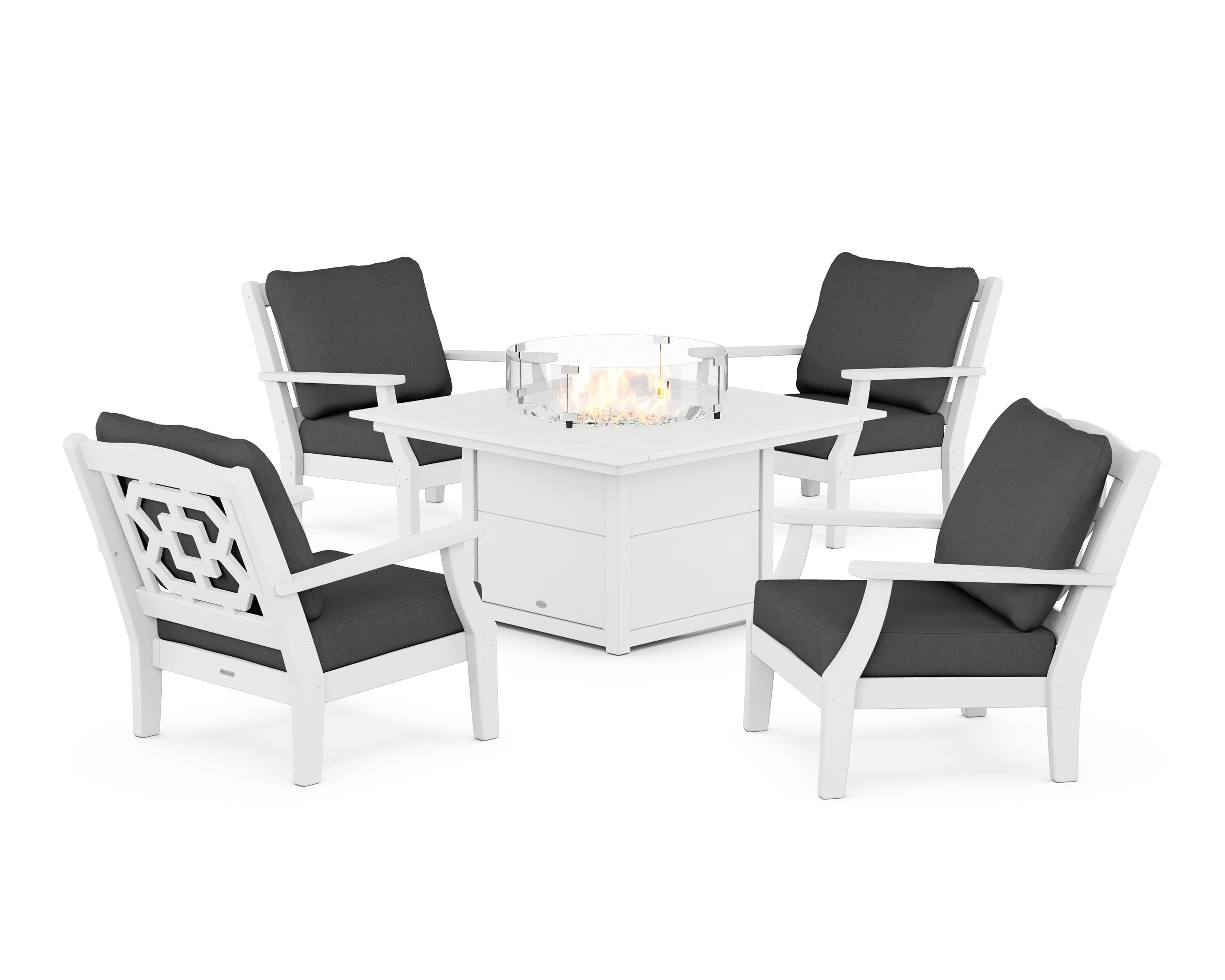 Martha Stewart by POLYWOOD® Chinoiserie 5-Piece Deep Seating Set with Fire Pit Table in White / Spectrum Carbon