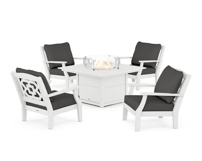 Martha Stewart by POLYWOOD® Chinoiserie 5-Piece Deep Seating Set with Fire Pit Table in White / Spectrum Carbon
