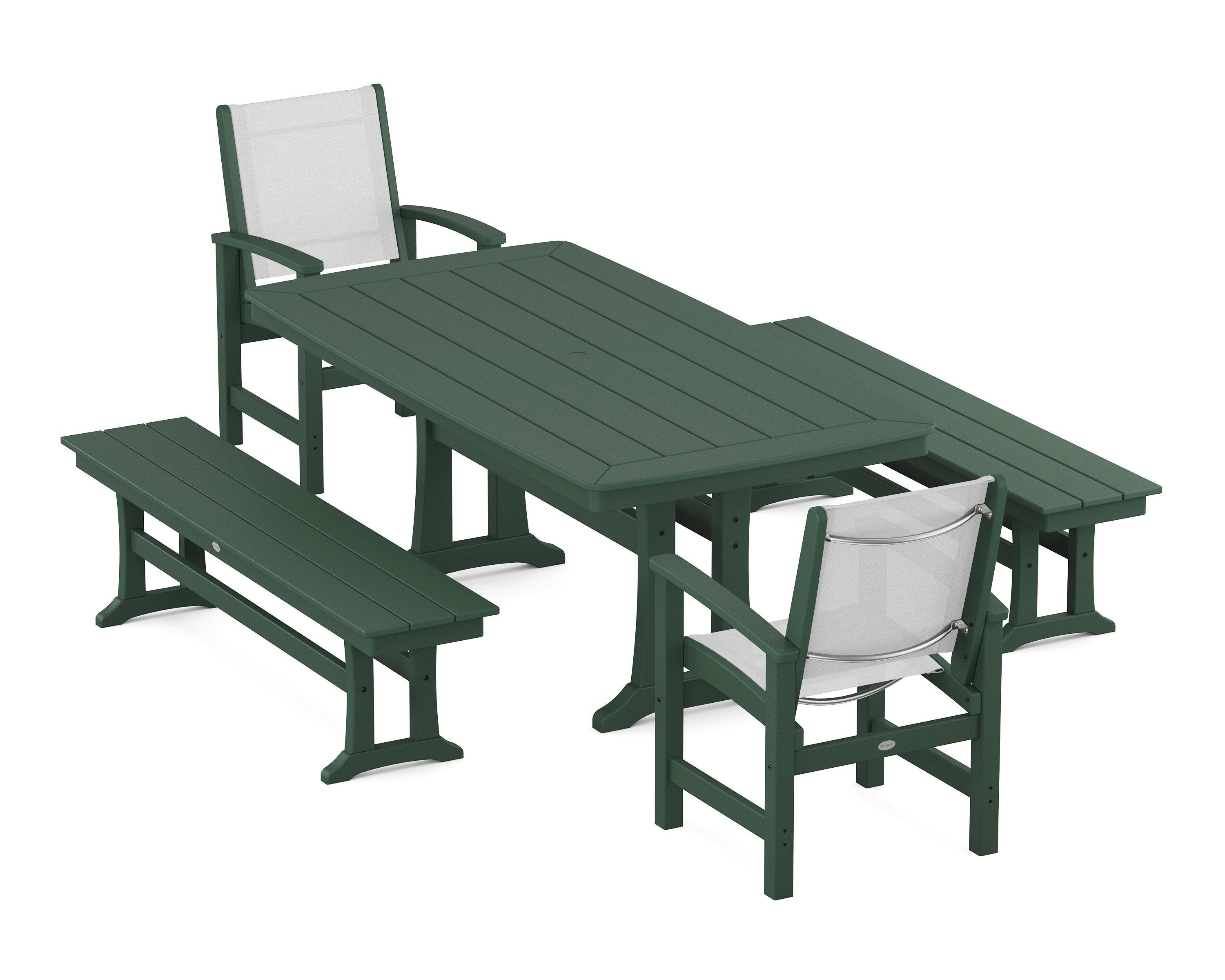 POLYWOOD® Coastal 5-Piece Dining Set with Trestle Legs and Benches in Green / White Sling