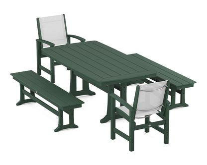 POLYWOOD® Coastal 5-Piece Dining Set with Trestle Legs and Benches in Green / White Sling