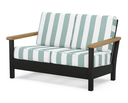 POLYWOOD® Harbour Deep Seating Loveseat in Black / Natural / Cabana Stripe Glacier Spa