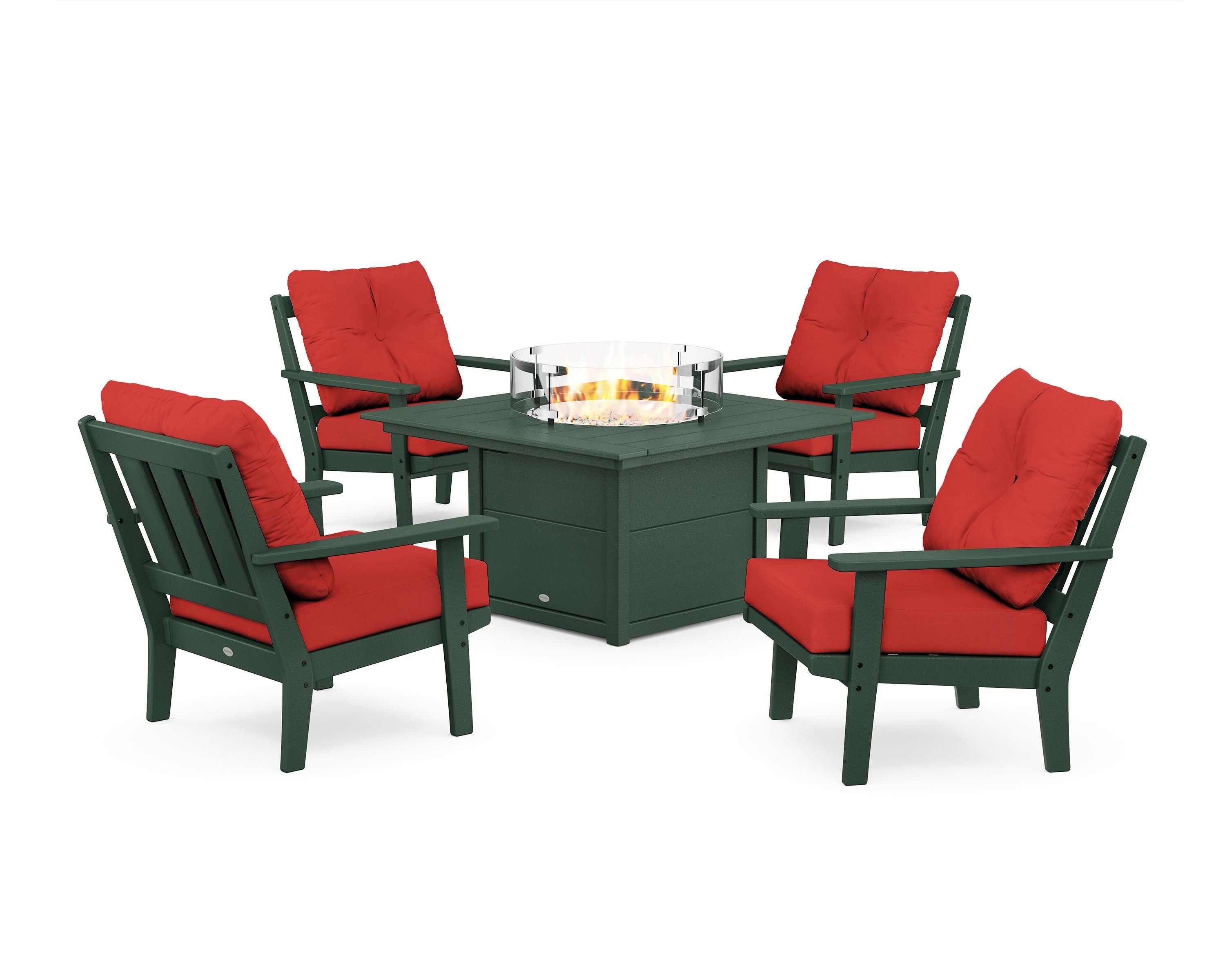 POLYWOOD® Oxford 5-Piece Deep Seating Set with Fire Pit Table in Green / Crimson Linen