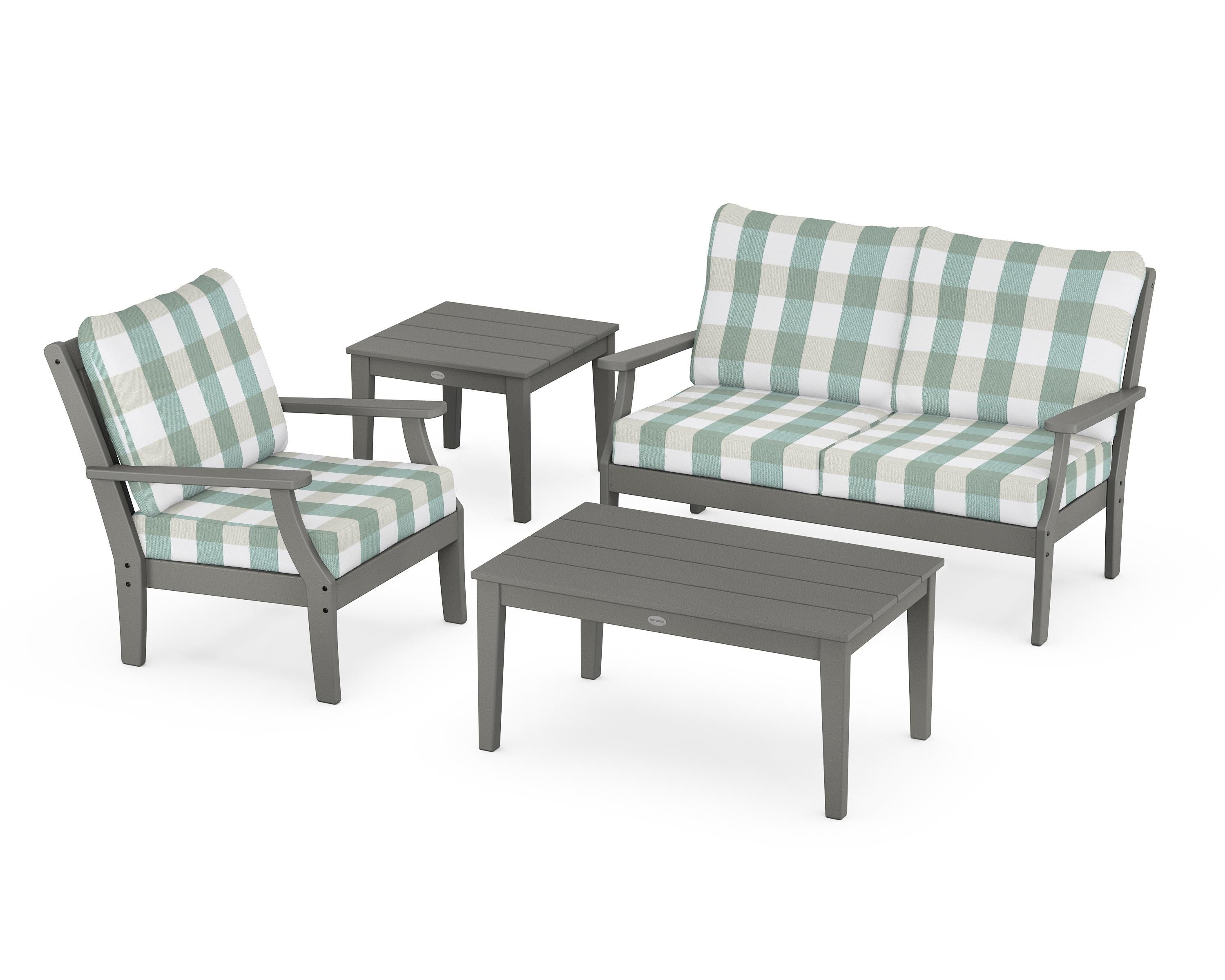 POLYWOOD® Braxton 4-Piece Deep Seating Set in Slate Grey / Buffalo Plaid Glacier Spa