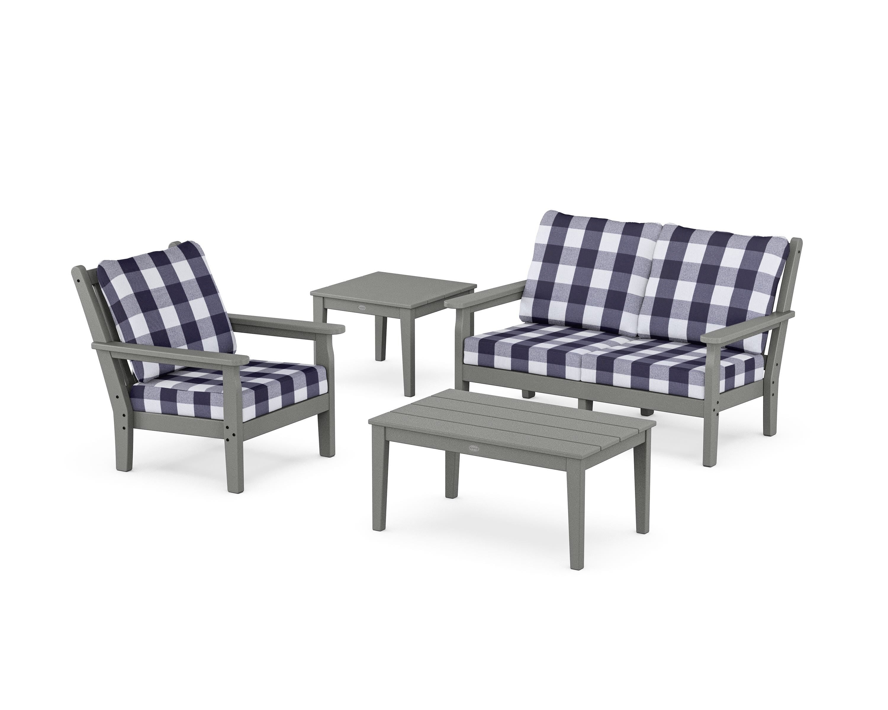 POLYWOOD® Chippendale 4-Piece Deep Seating Set in Slate Grey / Buffalo Plaid Navy