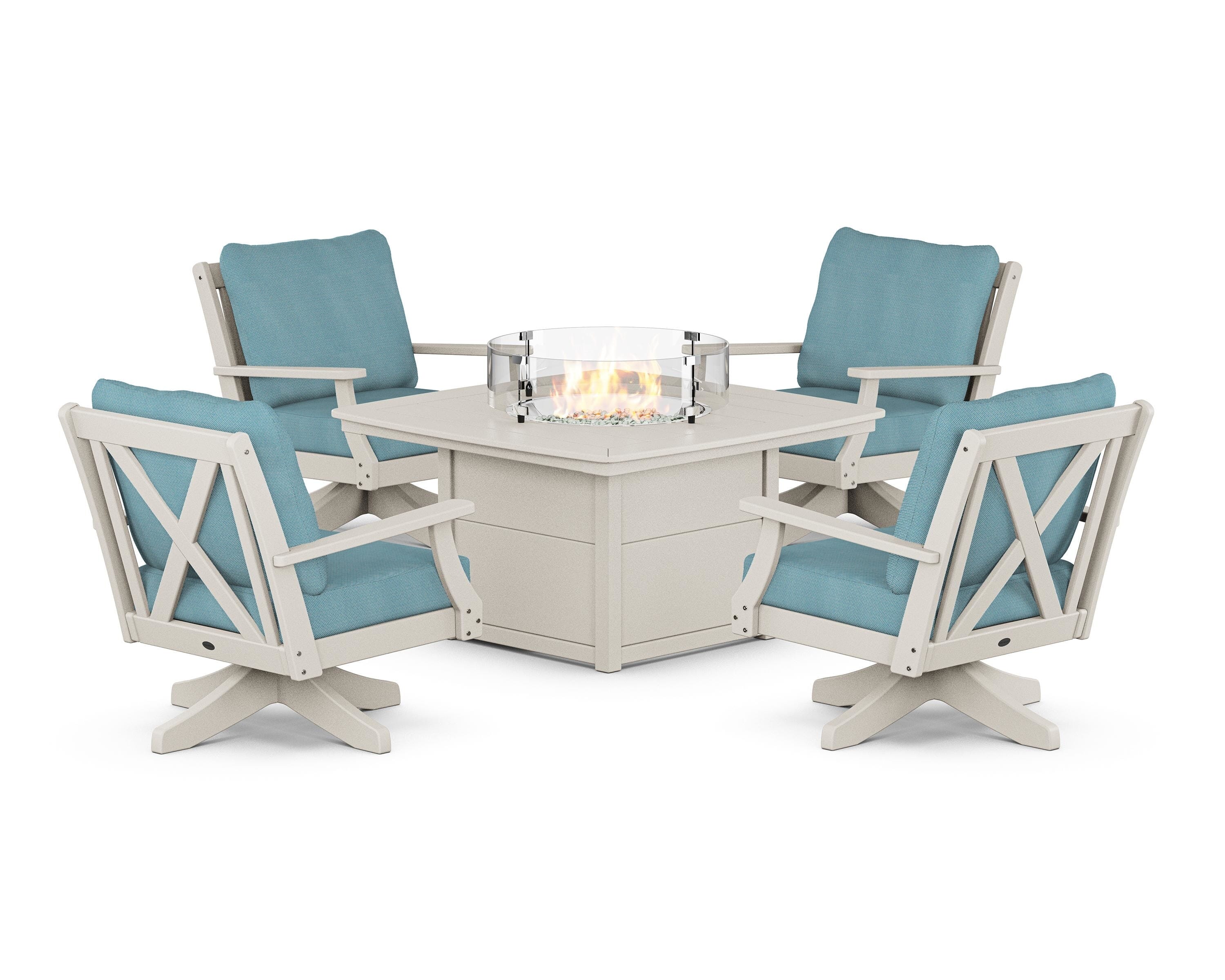 POLYWOOD® Braxton 5-Piece Deep Seating Swivel Conversation Set with Fire Pit Table in Sand / Lattice Sky Blue