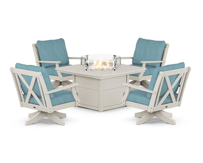 POLYWOOD® Braxton 5-Piece Deep Seating Swivel Conversation Set with Fire Pit Table in Sand / Lattice Sky Blue