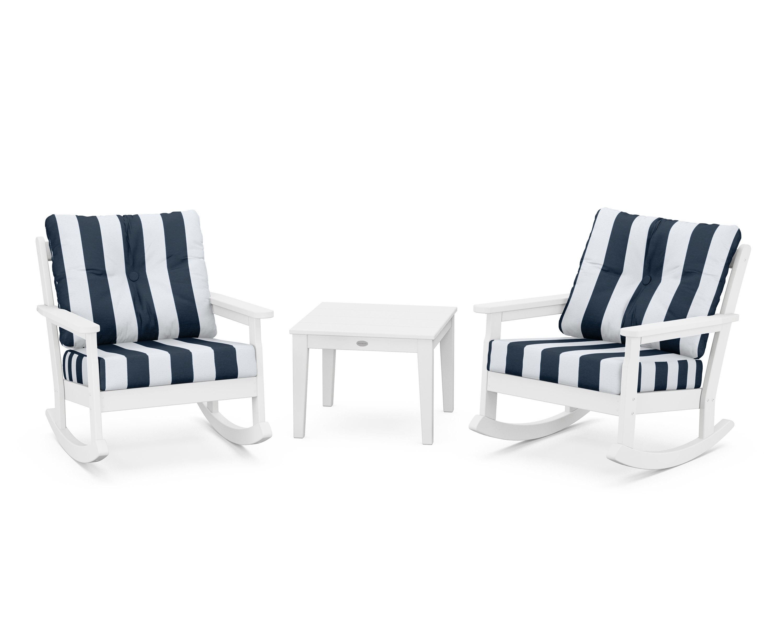 POLYWOOD® Vineyard 3-Piece Deep Seating Rocker Set in White / Cabana Stripe Marine Indigo