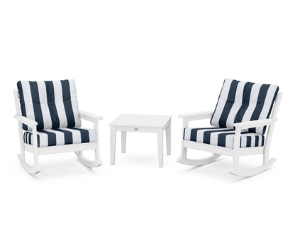 POLYWOOD® Vineyard 3-Piece Deep Seating Rocker Set in White / Cabana Stripe Marine Indigo