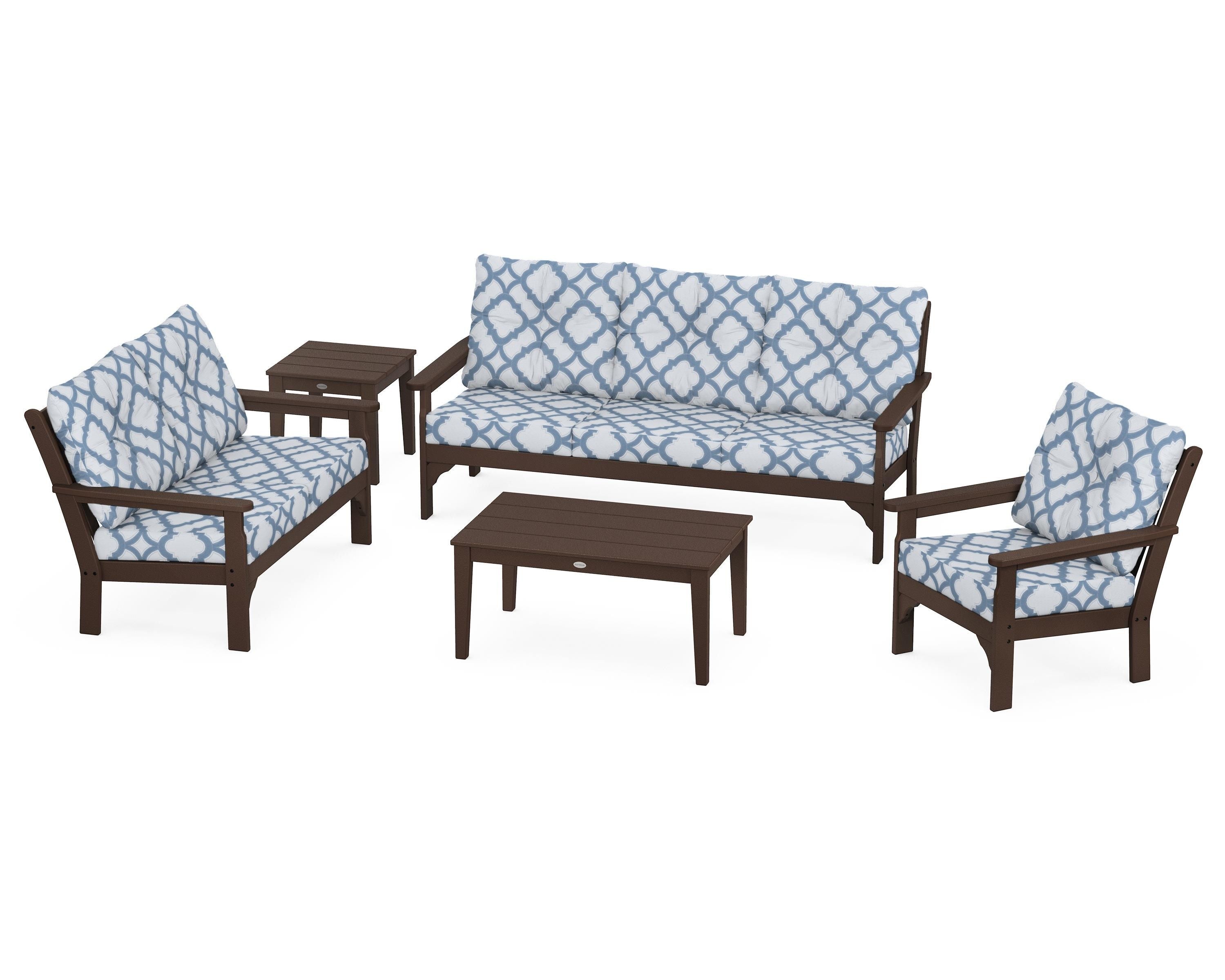 POLYWOOD® Vineyard 5 Piece Deep Seating Set in Mahogany / Trellis Sky Blue