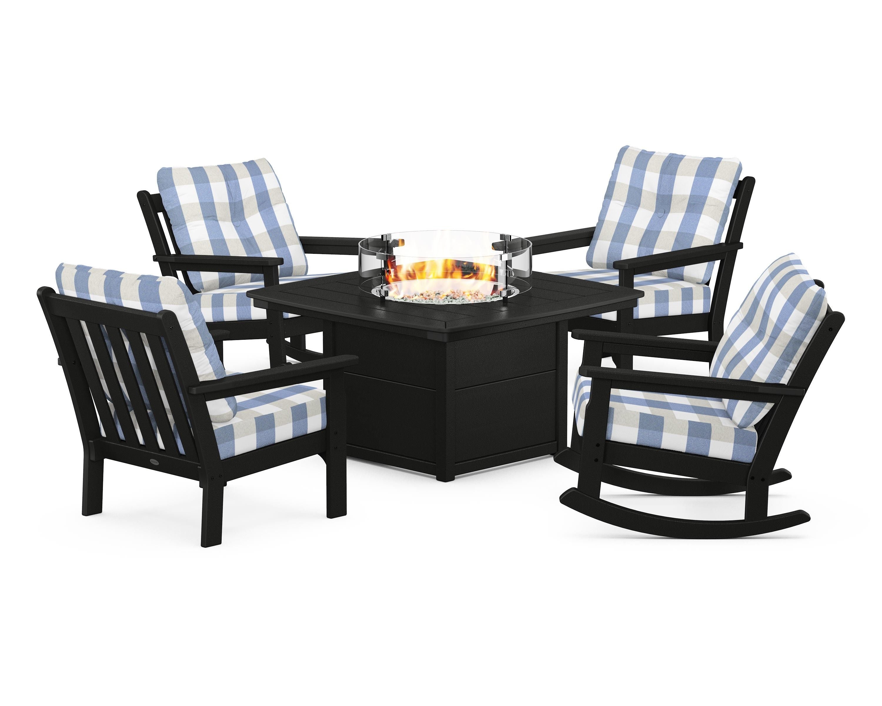 POLYWOOD® Vineyard 5-Piece Deep Seating Rocking Chair Conversation Set with Fire Pit Table in Black / Buffalo Plaid Sky Blue