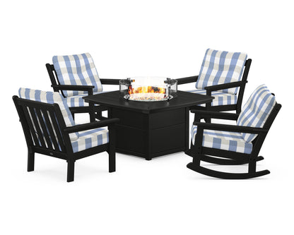 POLYWOOD® Vineyard 5-Piece Deep Seating Rocking Chair Conversation Set with Fire Pit Table in Black / Buffalo Plaid Sky Blue
