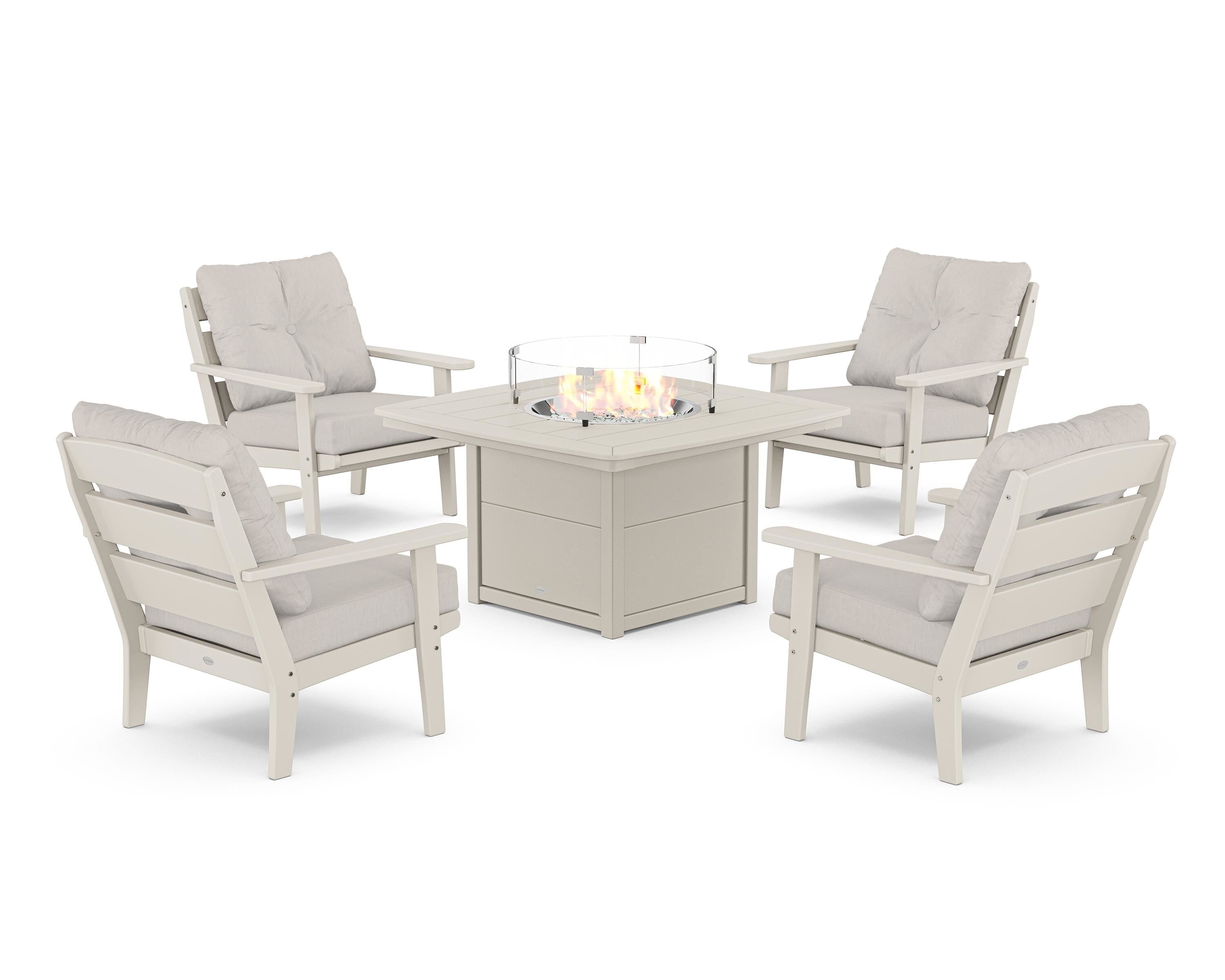 POLYWOOD® Lakeside 5-Piece Deep Seating Set with Nautical Fire Pit Table in Sand / Cast Ash