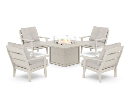 POLYWOOD® Lakeside 5-Piece Deep Seating Set with Nautical Fire Pit Table in Sand / Cast Ash