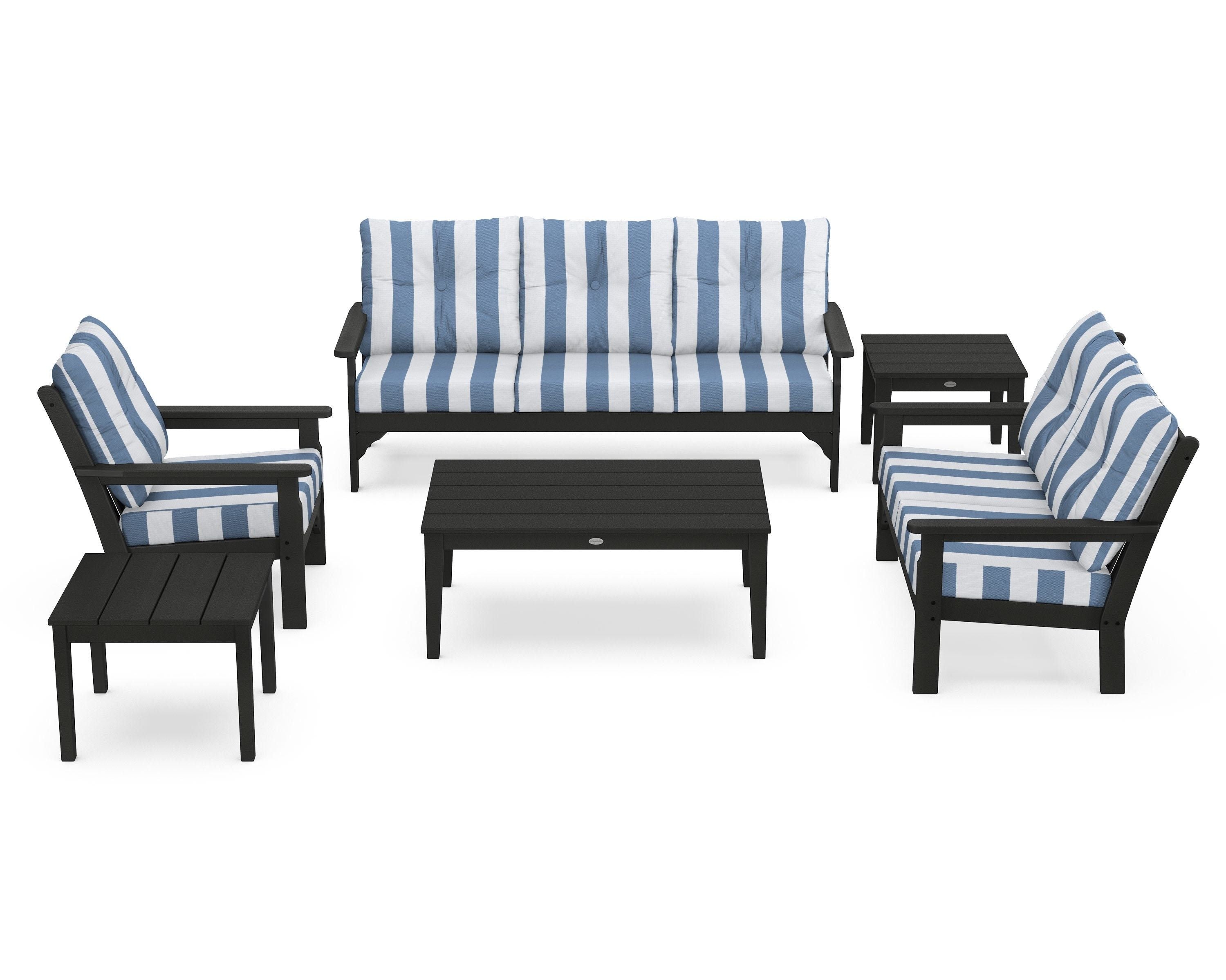 POLYWOOD® Vineyard 6-Piece Deep Seating Set in Green / Cabana Stripe Sky Blue