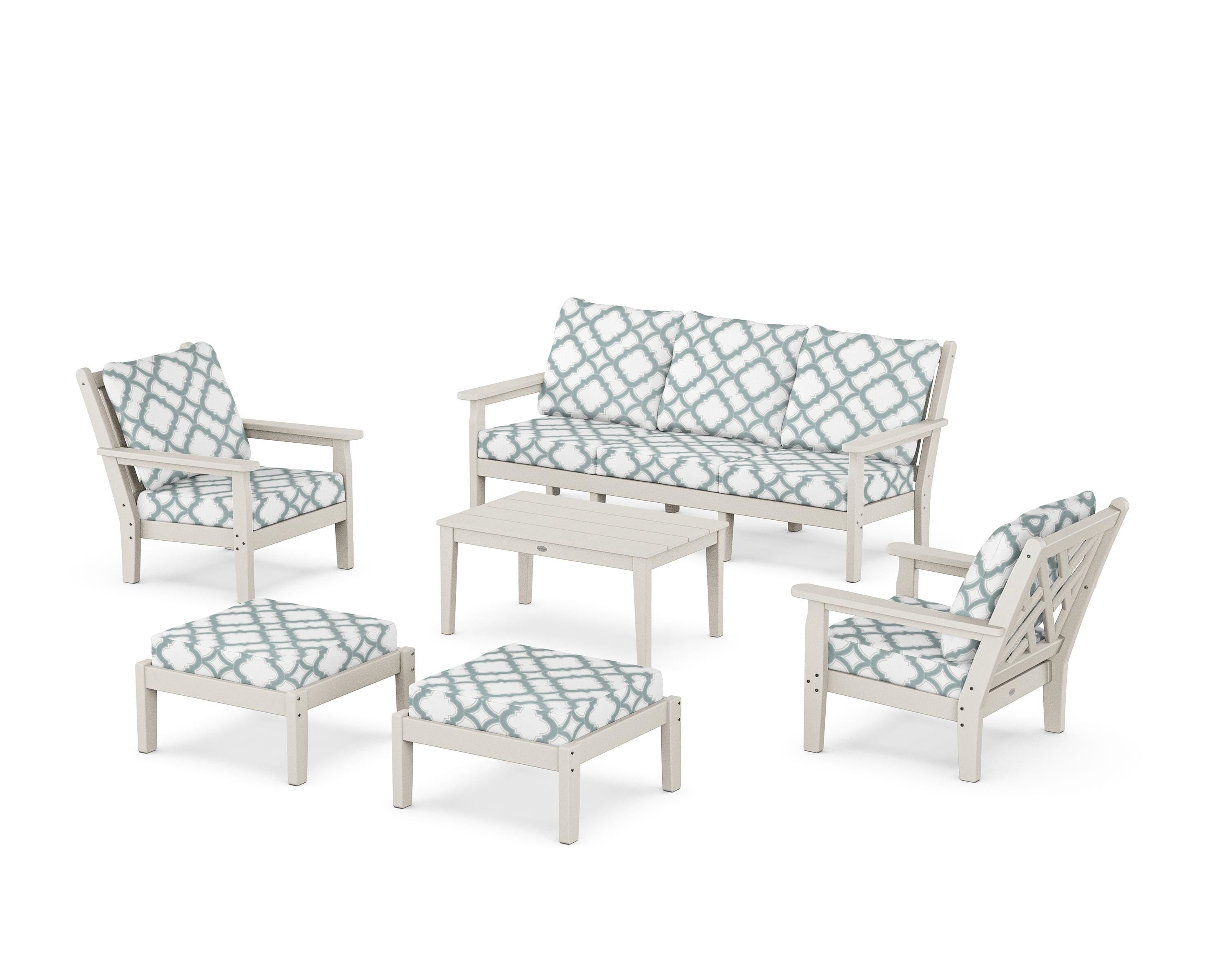 POLYWOOD® Chippendale 6-Piece Lounge Sofa Set in Sand / Trellis Glacier Spa