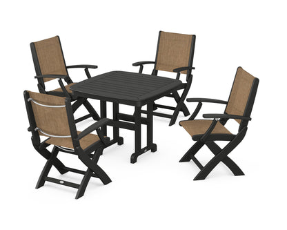 POLYWOOD® Coastal Folding Chair 5-Piece Dining Set in Black / Burlap Sling